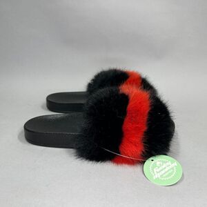 Funky Monkey Sandals Women's 10 Black‎ Red Faux Fur Slide Flip Flop Sandals